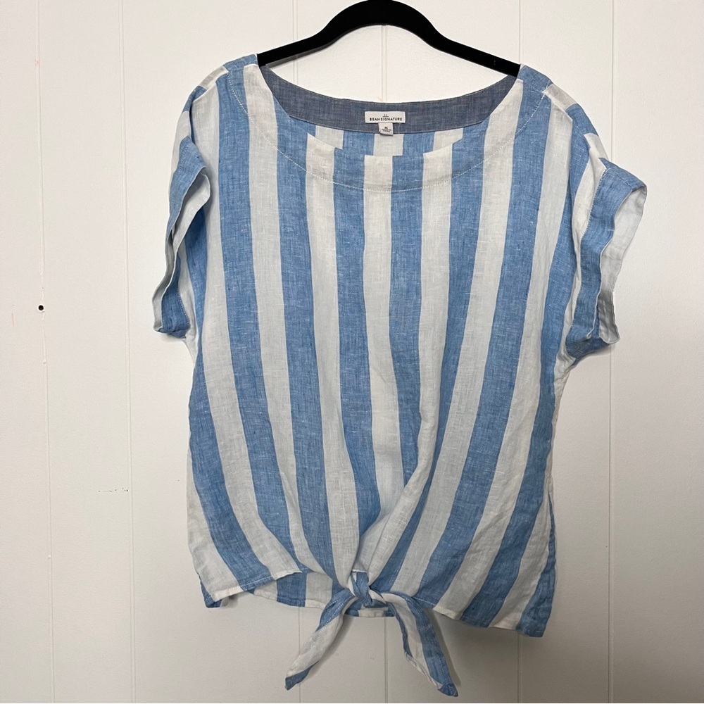 L.L. Bean 100% Linen Blue and White Striped Women's Top Size M Tie Front Coastal